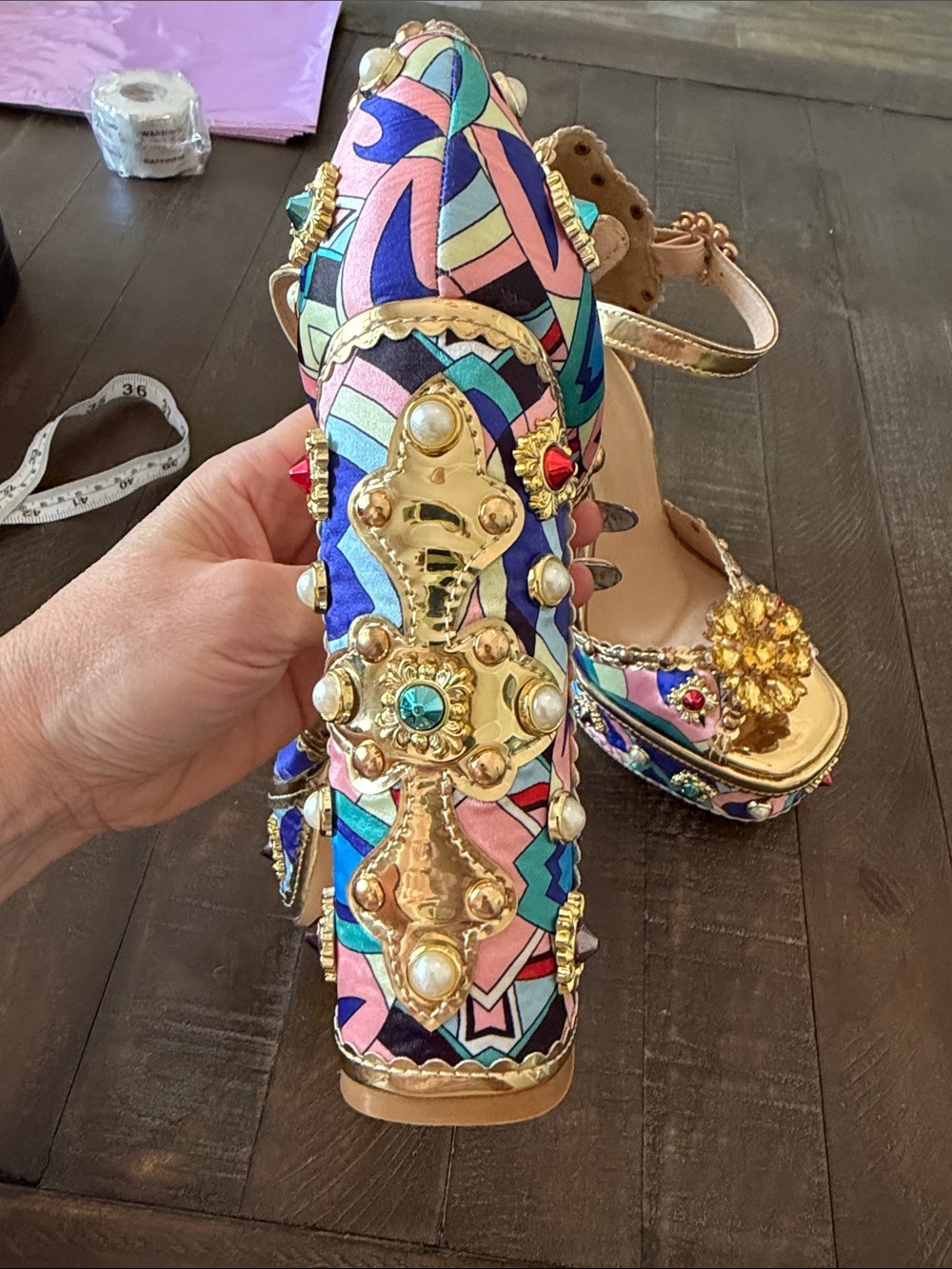 Chase + Chloe Gold Platform with Pink and Blue Pattern ❤️ Disco Barbie - Picture 7 of 10